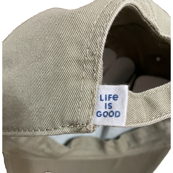 Life Is Good Chill Cap Be Kind Tattered Heart Patch Strap Back Hat Khaki Green - Picture 8 of 10